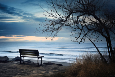 a bench overlooking a tranquil beach, created with generative aiの素材