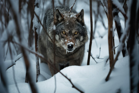 a wolf prowling carefully through snowy woods, created with generative aiの素材