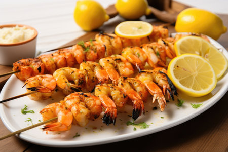 skewer set with grilled shrimp and lemons, created with generative aiの素材