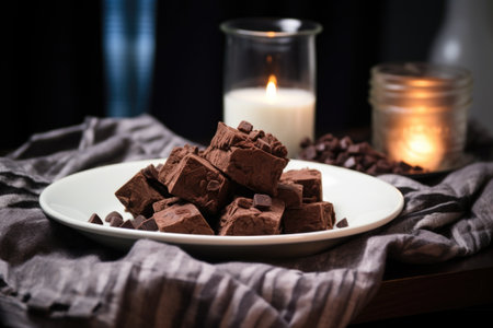 dark chocolate chunks on a plate near a fluffy pillow, created with generative aiの素材