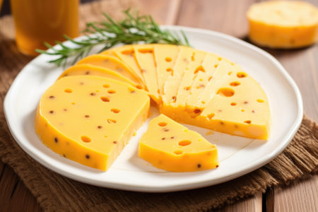 sliced smoked cheese with holes on a white plate, created with generative aiの素材