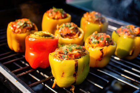 round smoked stuffed peppers attached to a rotisserie, created with generative aiの素材