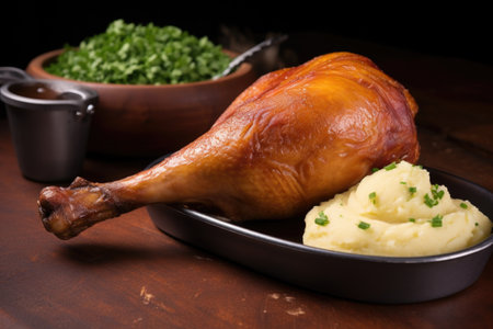 smoked turkey legs with a side of mashed potatoes, created with generative aiの素材