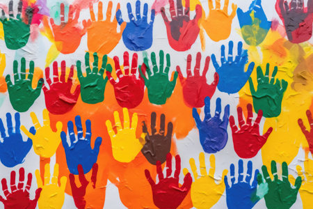 a mural of different handprints in various colors, created with generative aiの素材