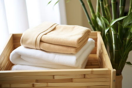 fresh towels neatly folded on a bamboo rack, created with generative aiの素材