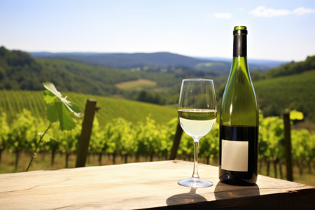 lush vineyard landscape with a bottle of sparkling wine in foreground, created with generative aiの素材
