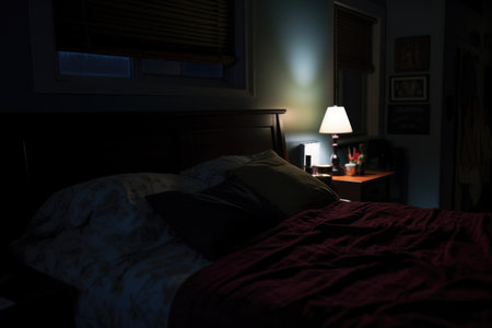 a dimly lit bedroom with ambient night light on, created with generative aiの素材