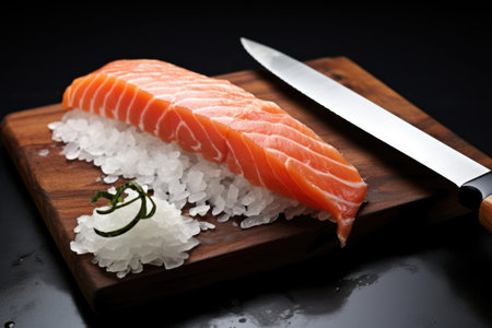 raw salmon fillet next to sushi knife, created with generative aiの素材