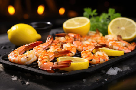grilled shrimp on a hot stone with lemon slices, created with generative aiの素材