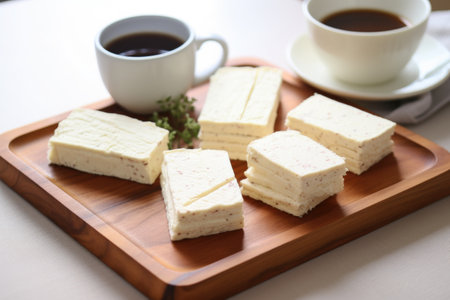 earlgrey tea blended cream cheese sandwiches on a wooden tray, created with generative aiの素材