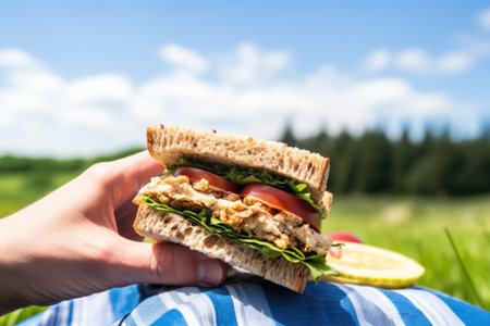 holding tempeh sandwich against sunny picnic backdrop, created with generative aiの素材