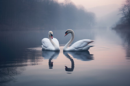 two swans floating together on a still lake, created with generative aiの素材