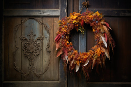 an autumn leaf wreath hanging on a rustic door, created with generative aiの素材