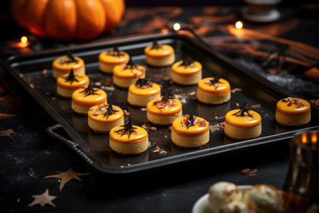 mini pumpkin cheesecakes on a baking tray, created with generative aiの素材