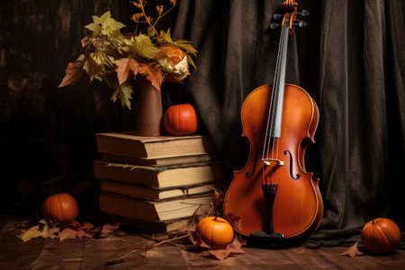 cello next to pumpkin and fall leaves, created with generative aiの素材
