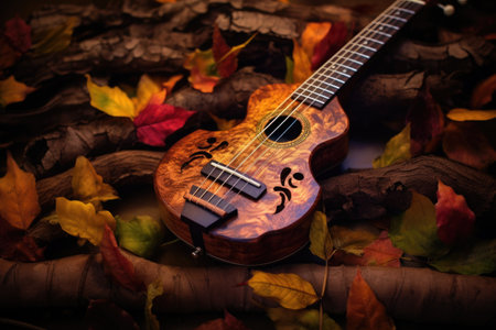 shot of a ukulele adorned with fall-colored leaves, created with generative aiの素材
