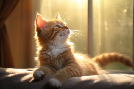 waking kitten stretching in soft morning light, created with generative aiの素材