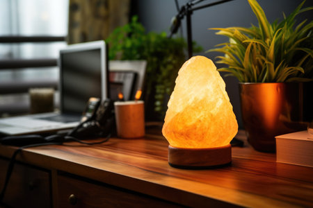 himalayan salt lamp glowing on a counselors desk, created with generative aiの素材