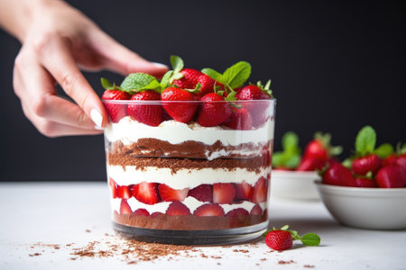 placing fresh strawberries on top of a strawberry tiramisu, created with generative aiの素材