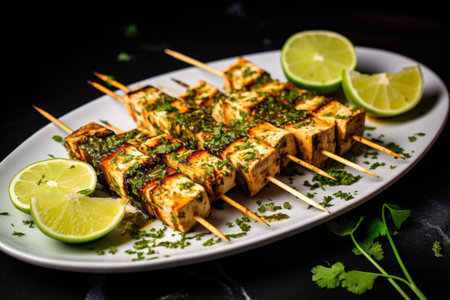 tofu skewers garnished with lime wedges and coriander, created with generative aiの素材