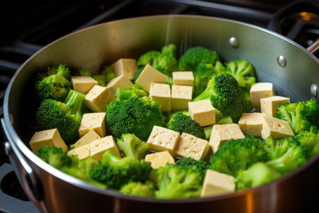 stirring tofu and broccoli in a sizzling pan, created with generative aiの素材