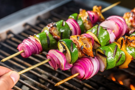 close-up of tongs grasping skewer with red onions and zucchini, created with generative aiの素材