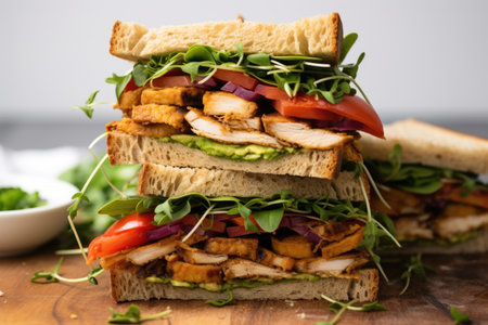 close-up of a stacked vegan club sandwich, created with generative aiの素材