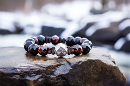 beaded bracelet on a snowy rock in the winter, created with generative aiの素材