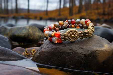 beaded bracelet draped over a rough granite boulder, created with generative aiの素材