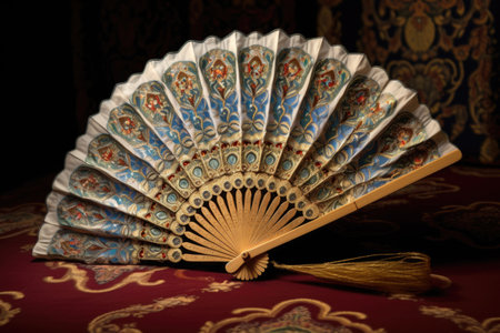 an open hand fan with intricate patterns lying on a satin cloth, created with generative aiの素材