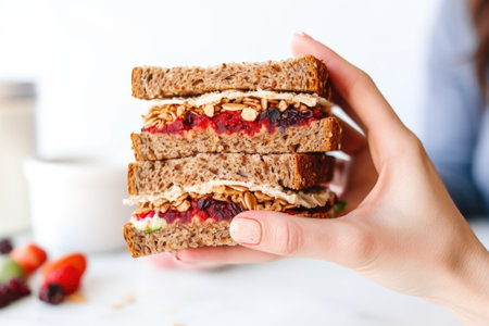 hand holding a delicious-looking almond butter whole grain toast sandwich, created with generative aiの素材