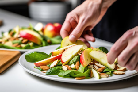hand arranging apple and almond salad on a plate, created with generative aiの素材