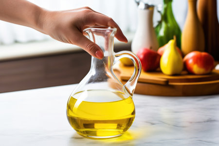 hand holding a carafe of apple cider vinegar, ready to pour, created with generative aiの素材