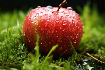 a fallen apple covered with morning dew on grass, created with generative aiの素材