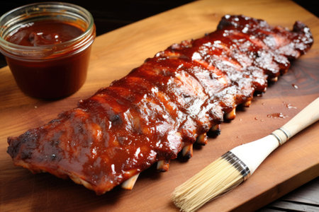 applewood smoked pork ribs, barbecue sauce, and a basting brush, created with generative aiの素材