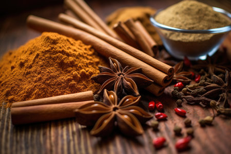 close-up of cinnamon, nutmeg, and autumn spices, created with generative aiの素材
