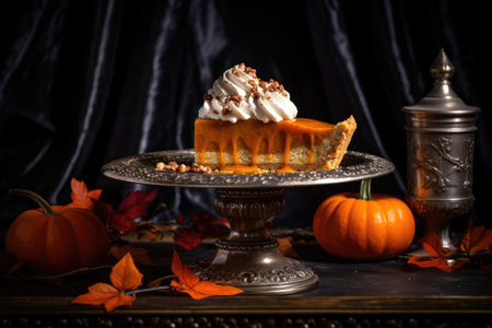 pumpkin pie on a dessert stand, created with generative aiの素材