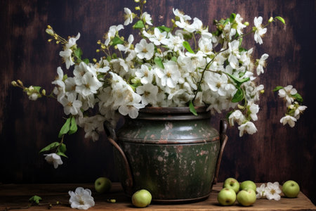 white apple blossoms in a rustic vase, created with generative aiの素材