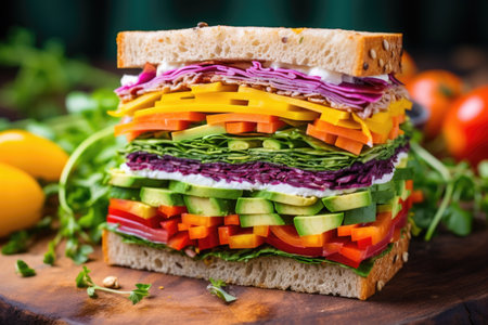 colorful baguette sandwich with rainbow veggies stacked, created with generative aiの素材