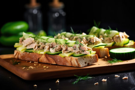 freshly made baguette sandwich with tuna and cucumber, created with generative aiの素材
