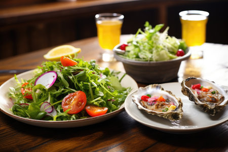 serving oysters with a side salad on a plate, created with generative aiの素材