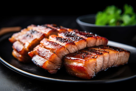 thick slices of barbecued pork belly on a sleek black plate, created with generative aiの素材