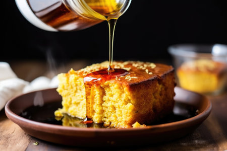 pouring honey over a warm piece of bbq cornbread, created with generative aiの素材