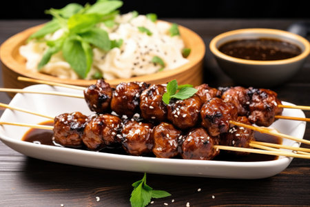 bbq meatball skewers with fresh herbs and asian dip on side, created with generative aiの素材