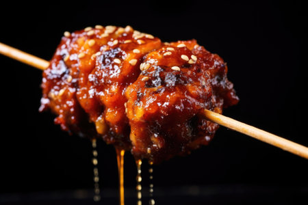 macro shot of a single bbq meatball skewer with juicy texture, created with generative aiの素材