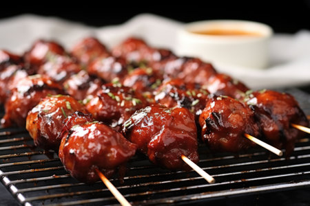 bbq meatball skewers stacked on a metal cooling rack, created with generative aiの素材
