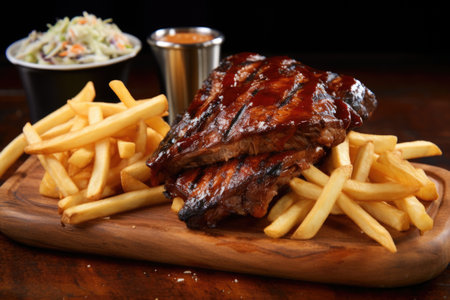 pulled bbq ribs on toast with fries and coleslaw, created with generative aiの素材