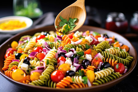 spoon serving colorful pasta salad, created with generative aiの素材