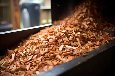 close up picture of smoking wood chips in bbq smoker, created with generative aiの素材
