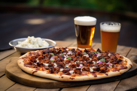 a beer with a party sized bbq pizza, created with generative aiの素材